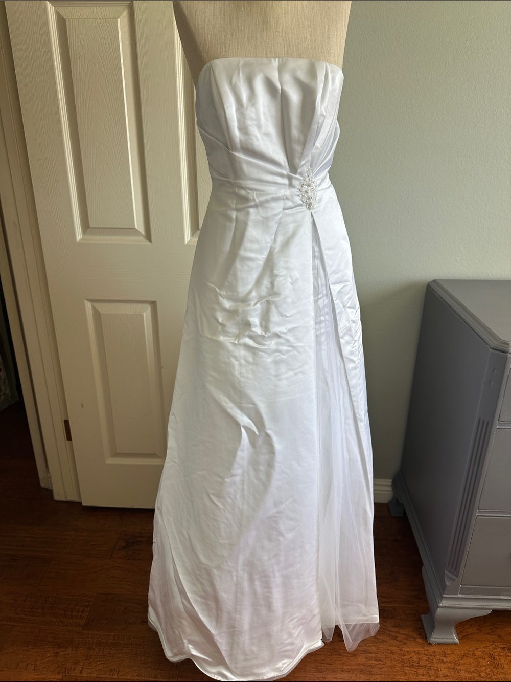 David's Bridal White Strapless A-Line Bridal Gown with Side Accent